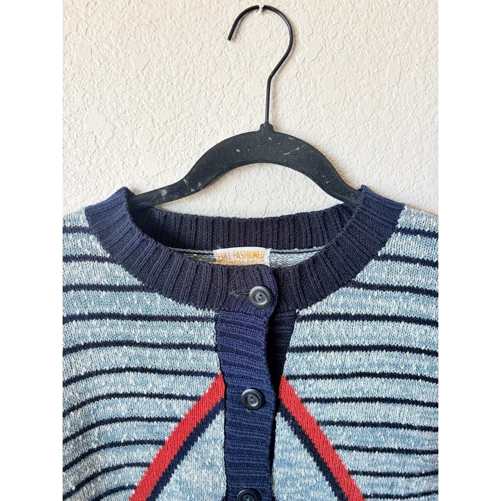 Vintage Full Fashioned Diamond Stripe M Cardigan Sweater Navy Blue Red Womens - Picture 3 of 7